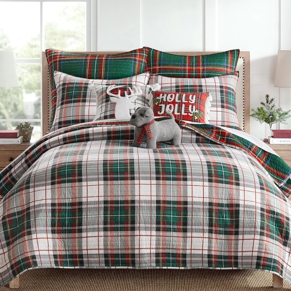 🆕 PB Style Christmas Tartan Plaid Quilt Stewart Print in King Bedding SET shams